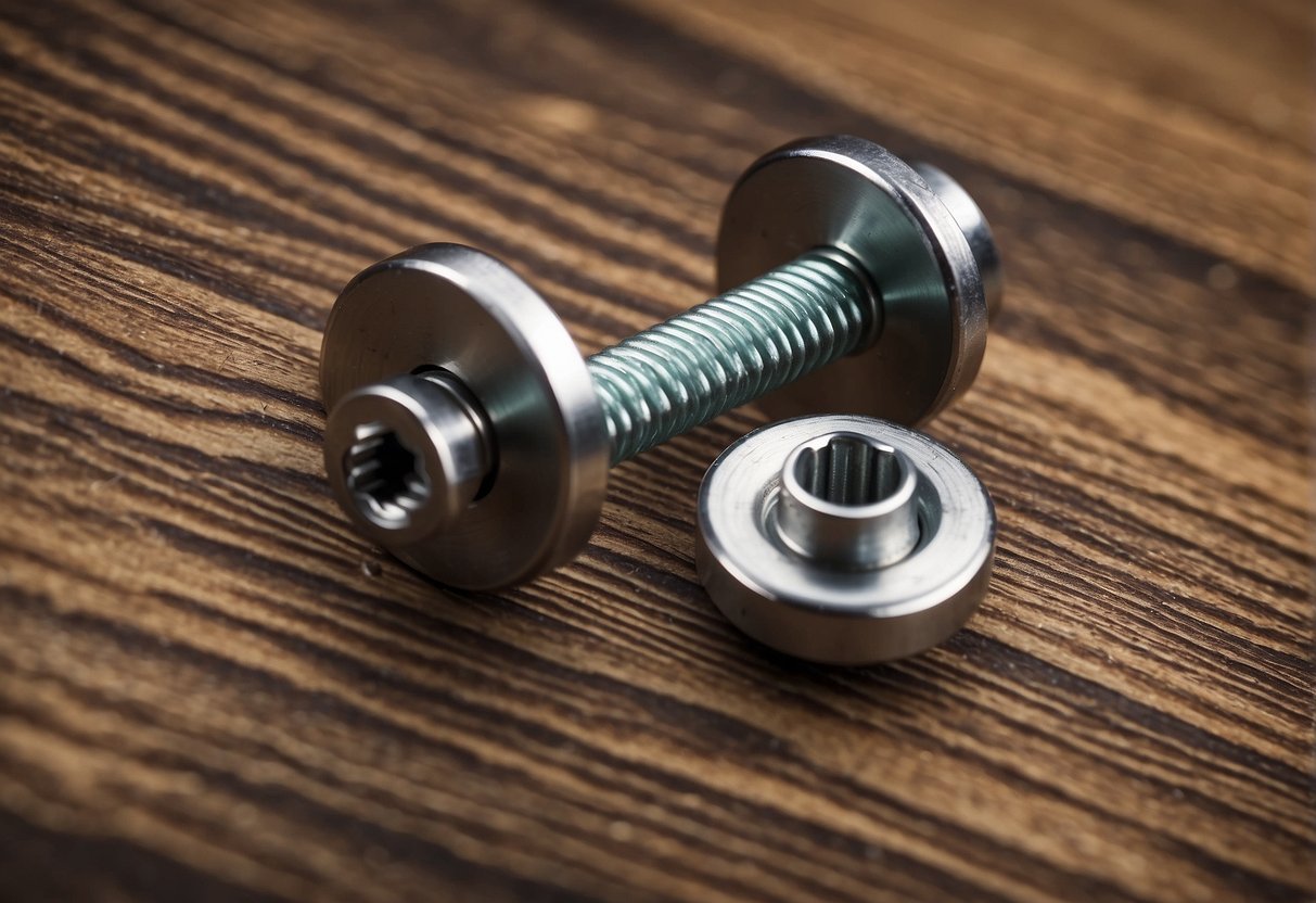 Two metal furniture connector bolts interlocking into pre-drilled holes in wooden panels