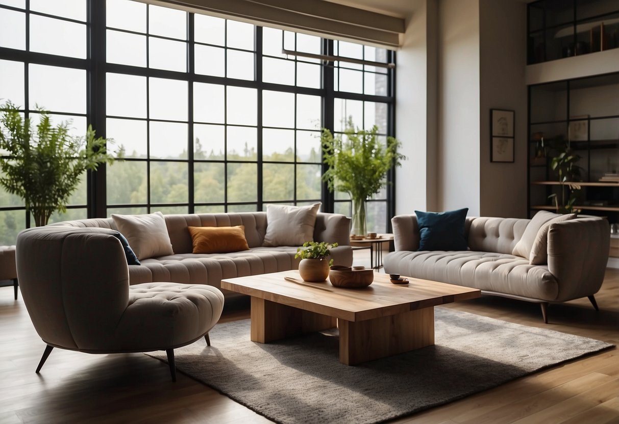 A room with various furniture pieces: sofa, coffee table, dining set, and bed. Brightly lit with natural light from large windows