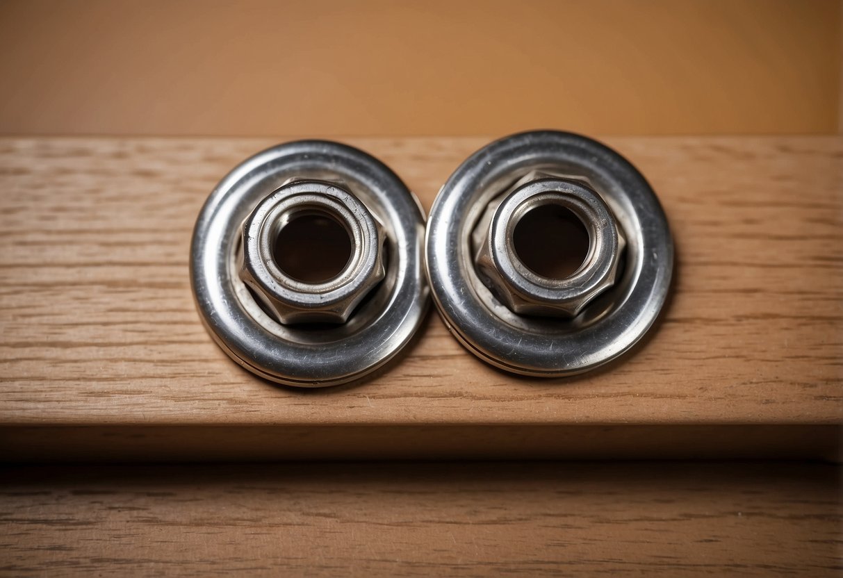 M8 furniture connector bolts aligning and fastening two wooden panels together