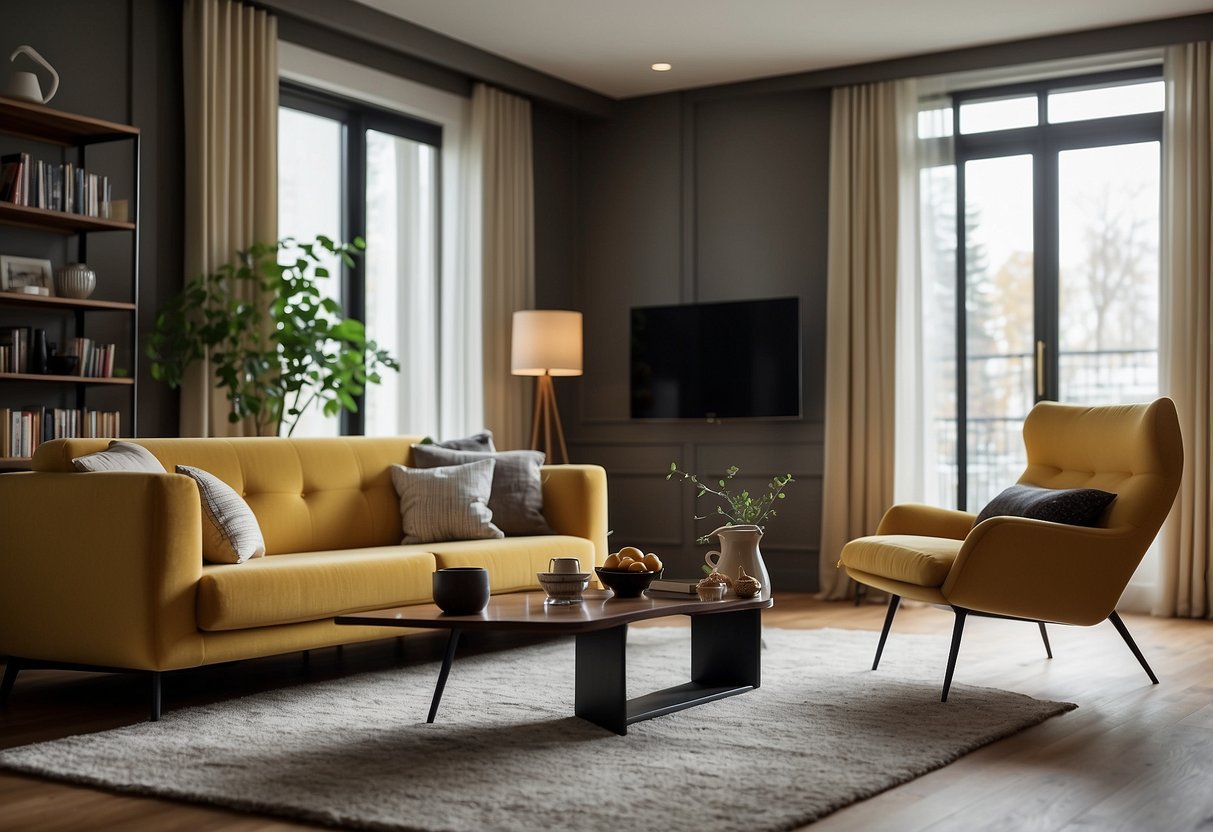 A living room with a sofa, coffee table, and armchair. A bookshelf against the wall, a TV on a stand, and a rug on the floor