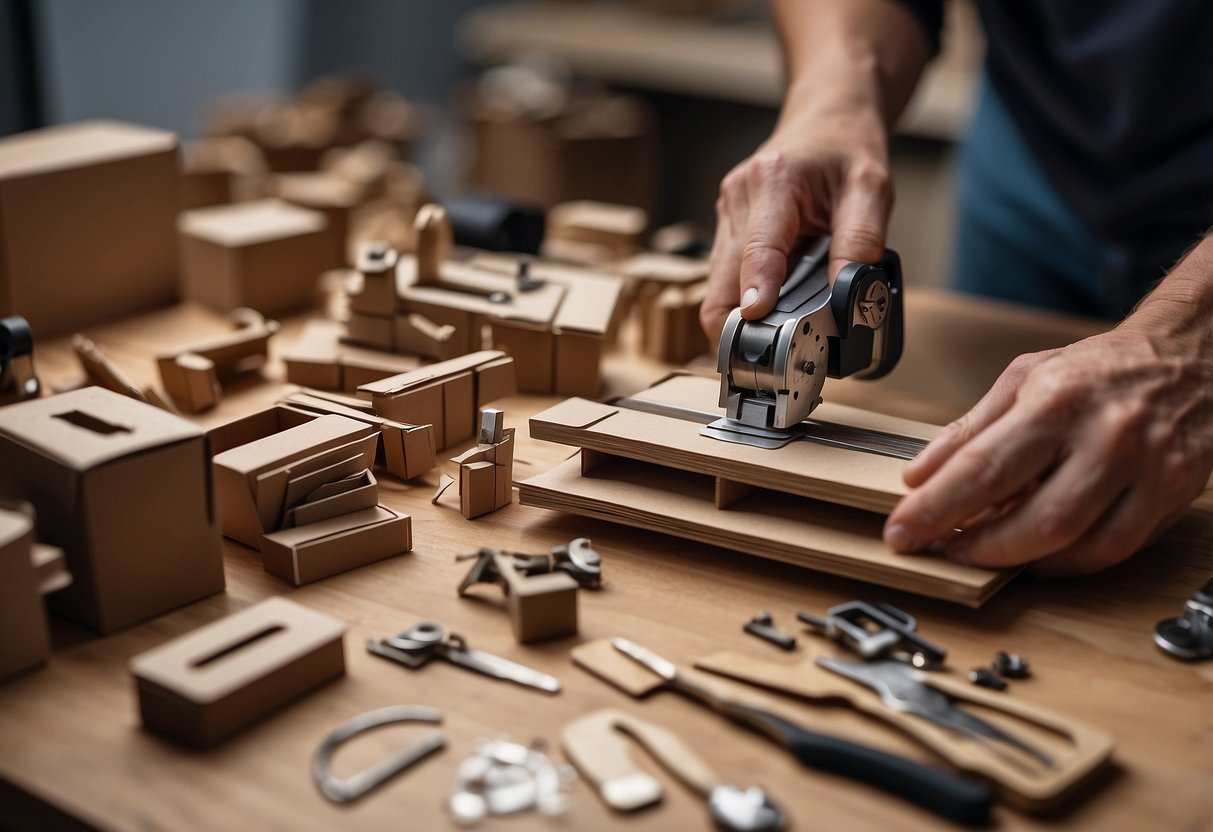 A person cutting, folding, and assembling cardboard to create miniature furniture. Tools and materials scattered on a work surface