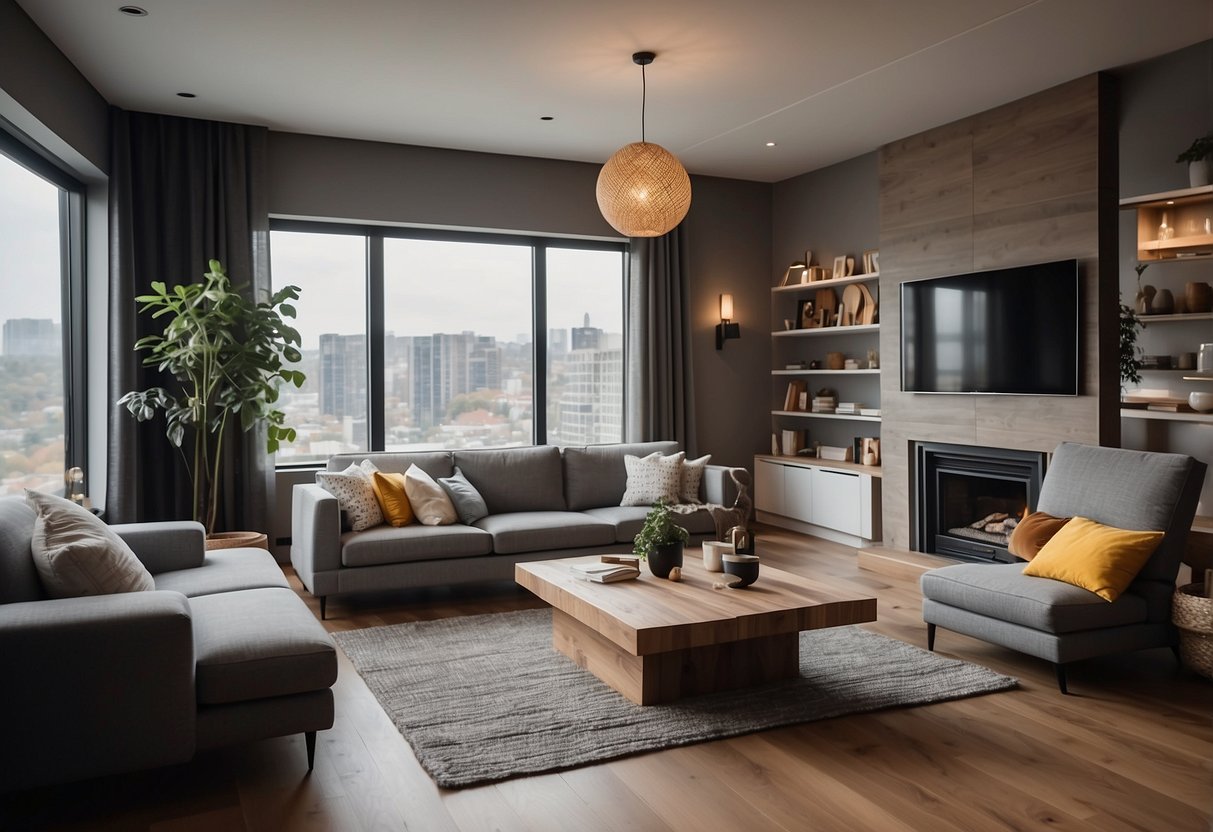 A cozy living room with versatile furniture pieces like a sofa bed, foldable tables, and wall-mounted shelves for efficient use of space