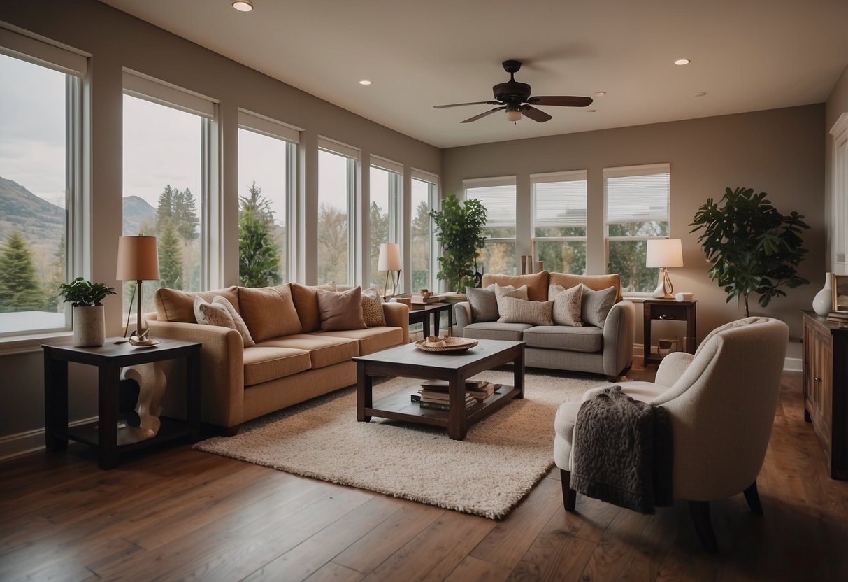 A living room with a sofa, coffee table, and armchair. A dining area with a table and chairs. A bedroom with a bed, nightstands, and a dresser
