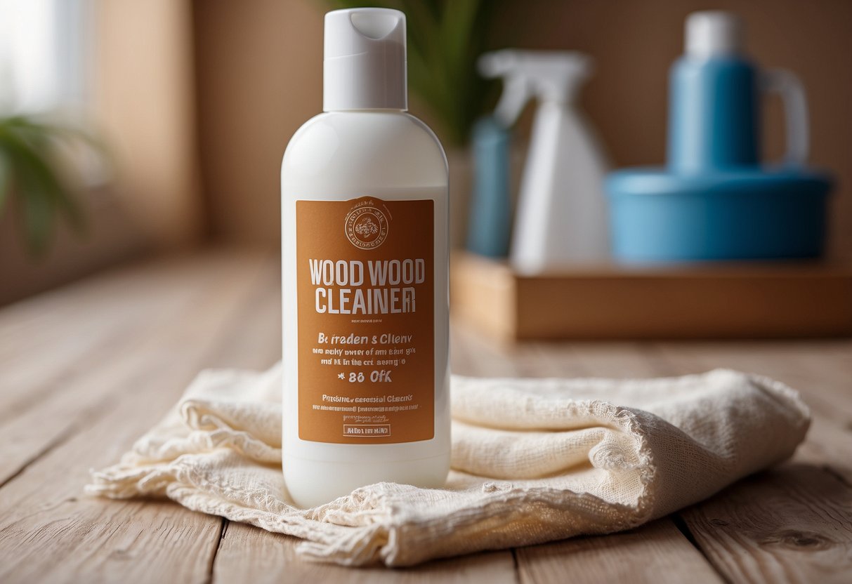 A bottle of wood cleaner and a soft cloth sit next to a white wood table, ready for cleaning