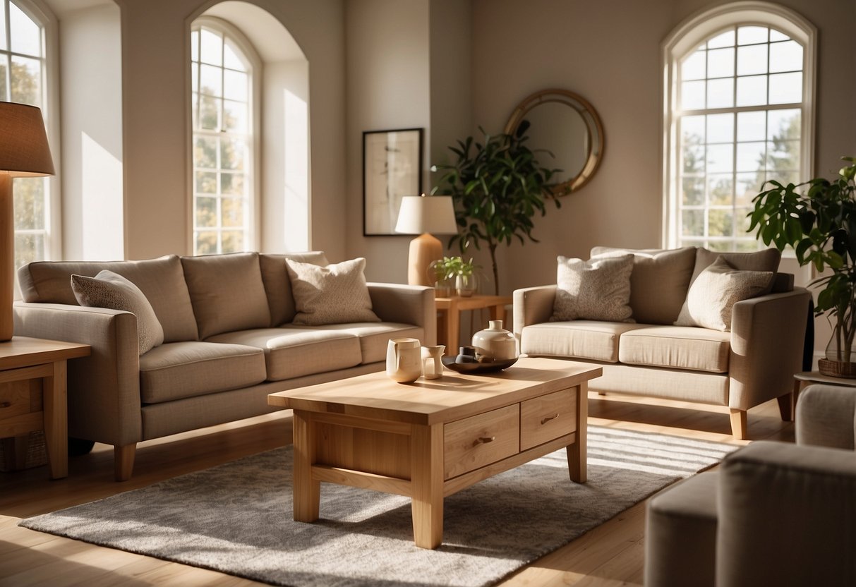 Limed oak furniture arranged in a cozy living room, with a coffee table, sideboard, and chairs. Sunlight streams through the window, casting a warm glow on the polished wood