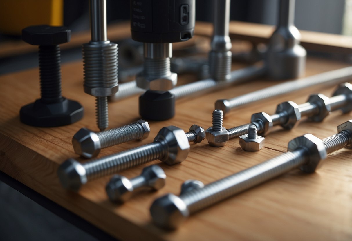 Metal bolts connect wooden panels, tools nearby. Instructions lay out assembly process. Bright lighting illuminates the workspace