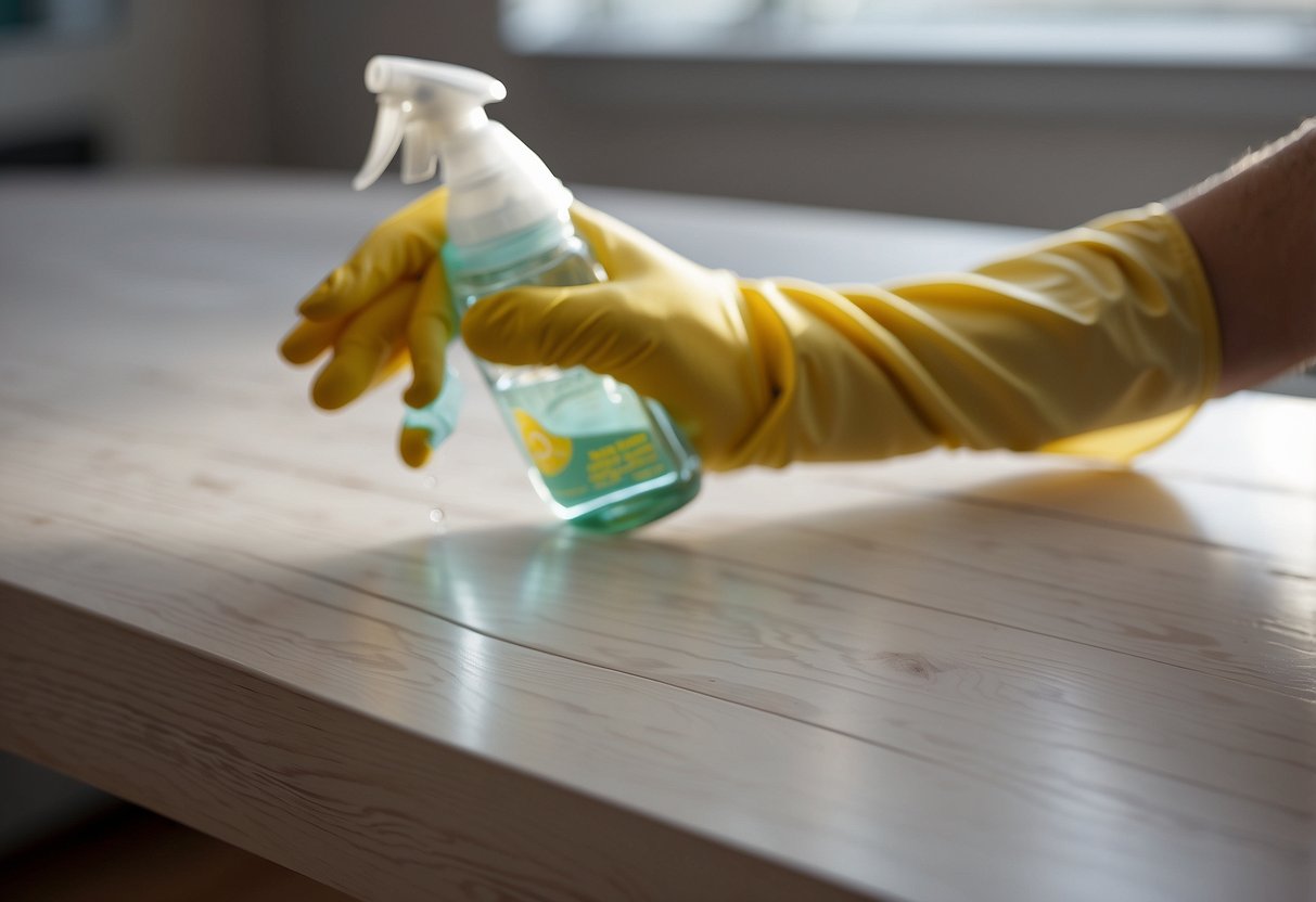 A white wood table being wiped with a damp cloth, followed by a dry cloth for polishing. A spray bottle and cleaning solution are nearby