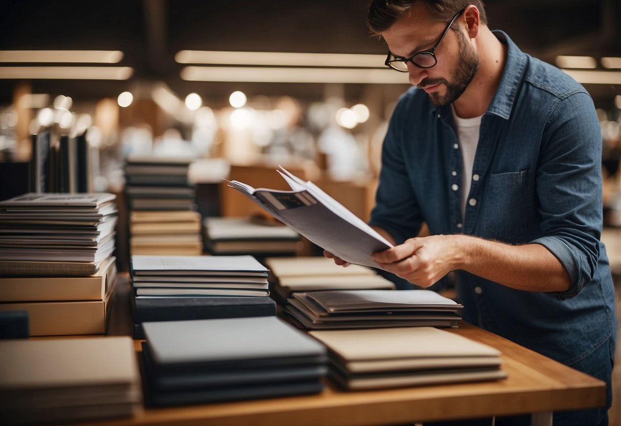 A person browsing through a catalog of furniture, carefully selecting items based on quality and style