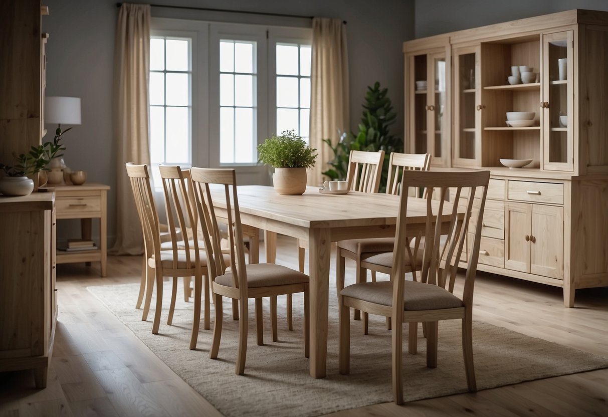 A room filled with limed oak furniture, with light-colored wood and visible grain. The furniture includes a table, chairs, and a cabinet, all with a weathered and rustic appearance