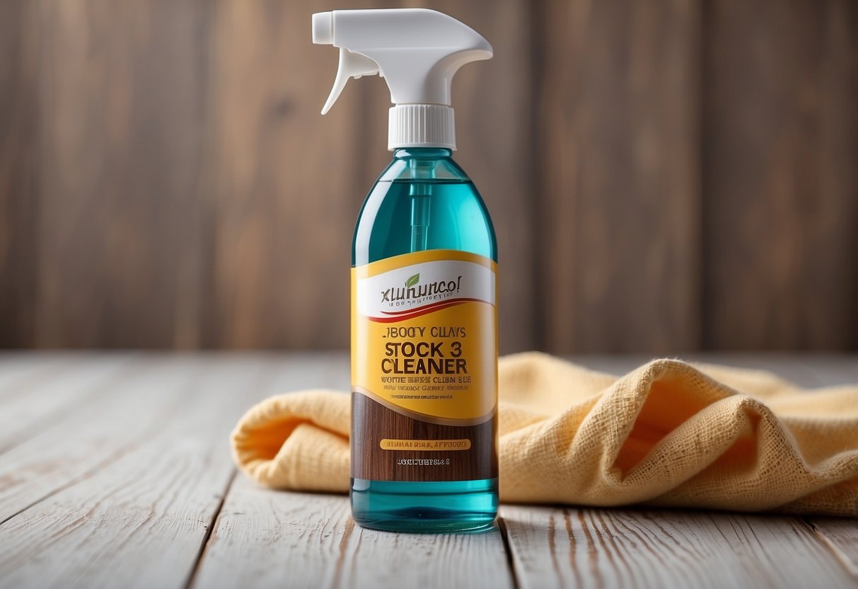 A bottle of wood cleaner and a soft cloth sit on a white wood table, with a small stain visible in the corner