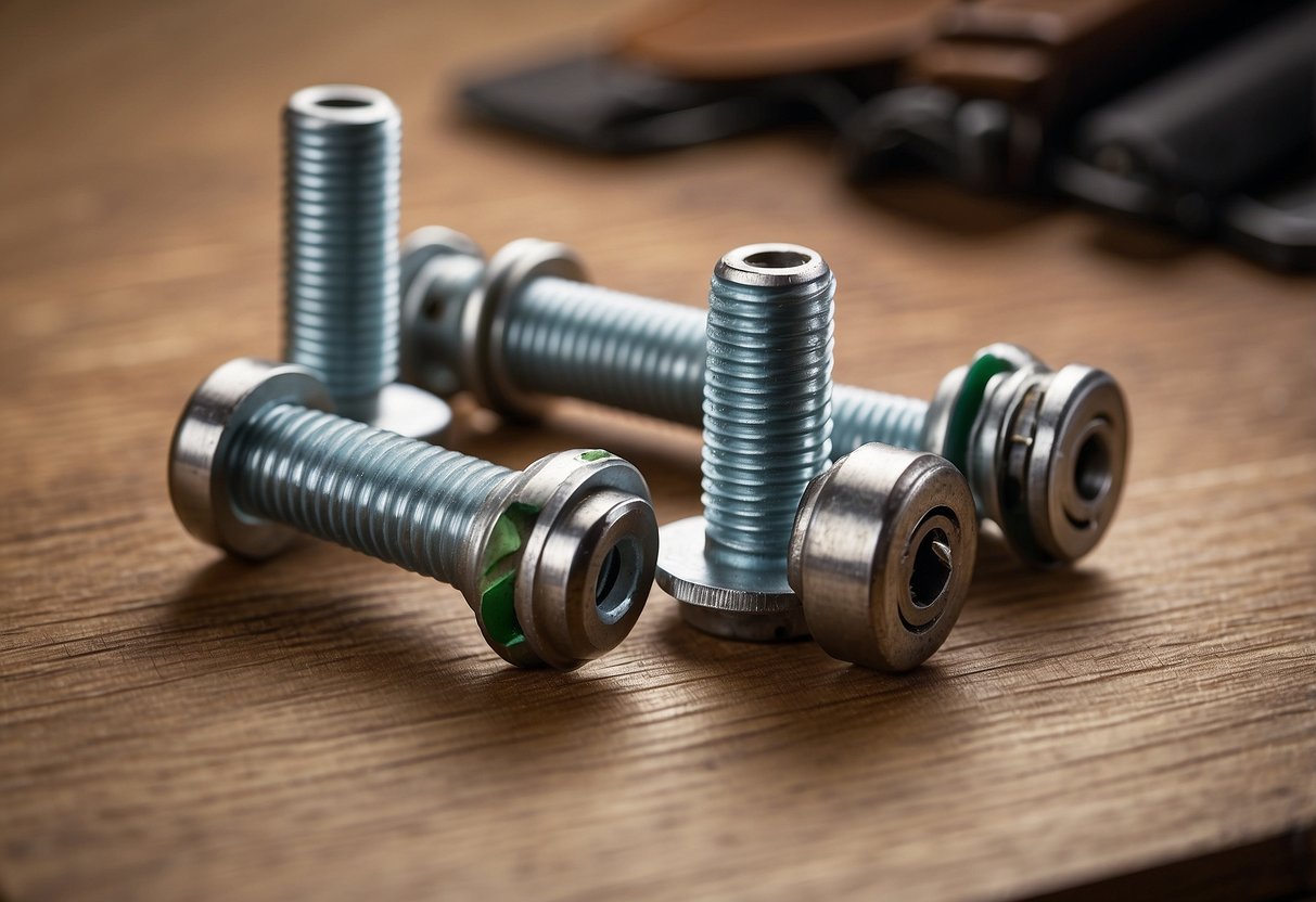 Several furniture connector bolts arranged on a table with a measuring tape and assembly instructions nearby