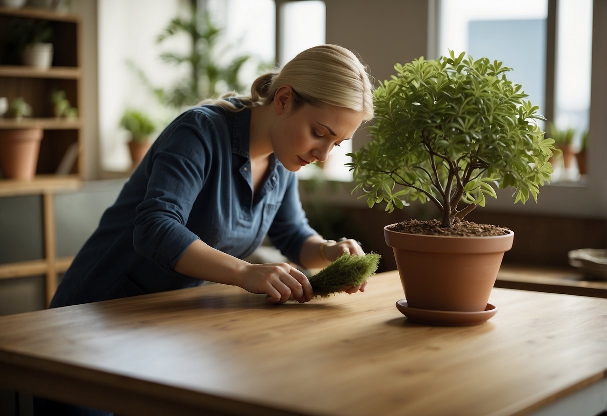 A person dusts and polishes a limed oak table with a soft cloth, while a potted plant sits nearby on a clean, uncluttered surface