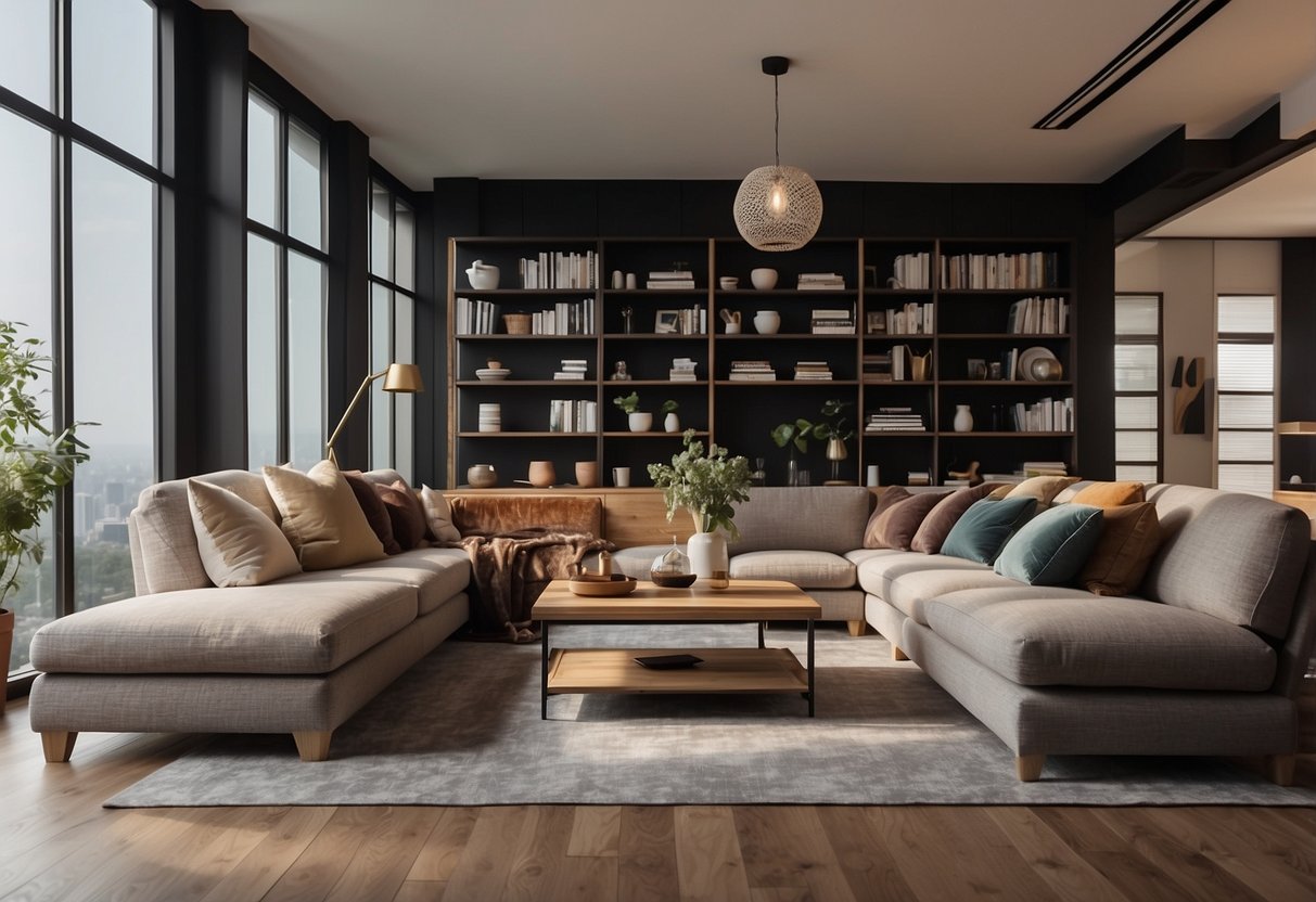 A living room with a sofa, coffee table, and bookshelf. A dining area with a table and chairs. A bedroom with a bed, nightstand, and dresser