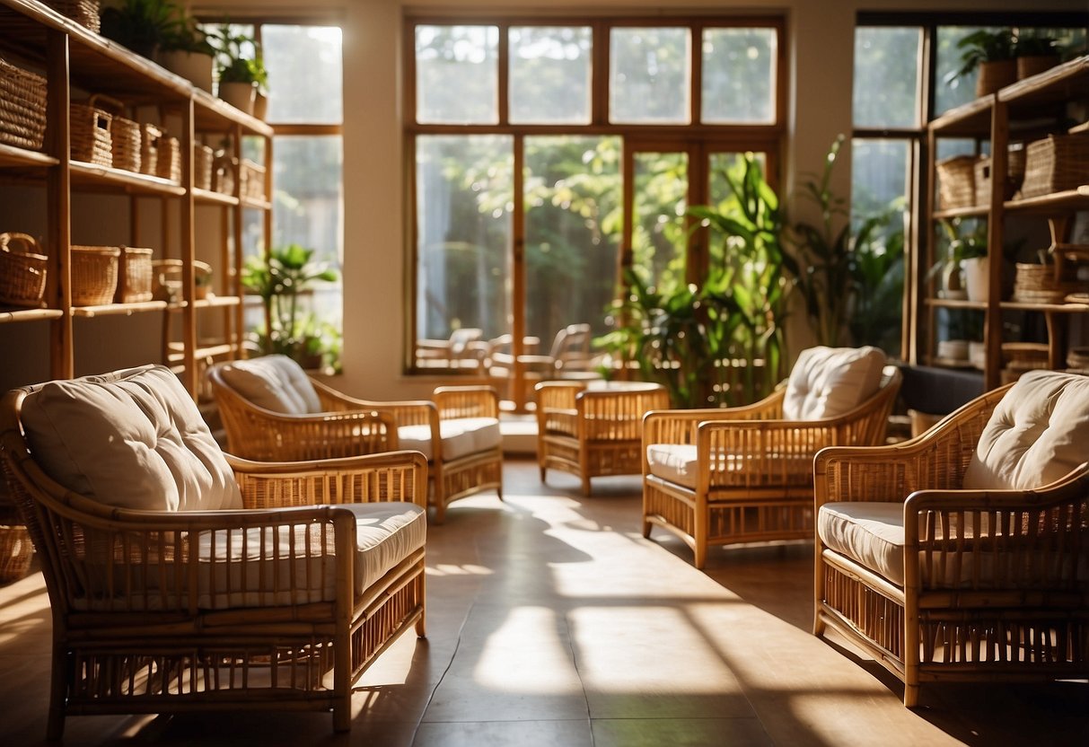 A bamboo furniture store with various chairs, tables, and shelves displayed. Sunlight streams through the windows, casting shadows on the natural, eco-friendly designs