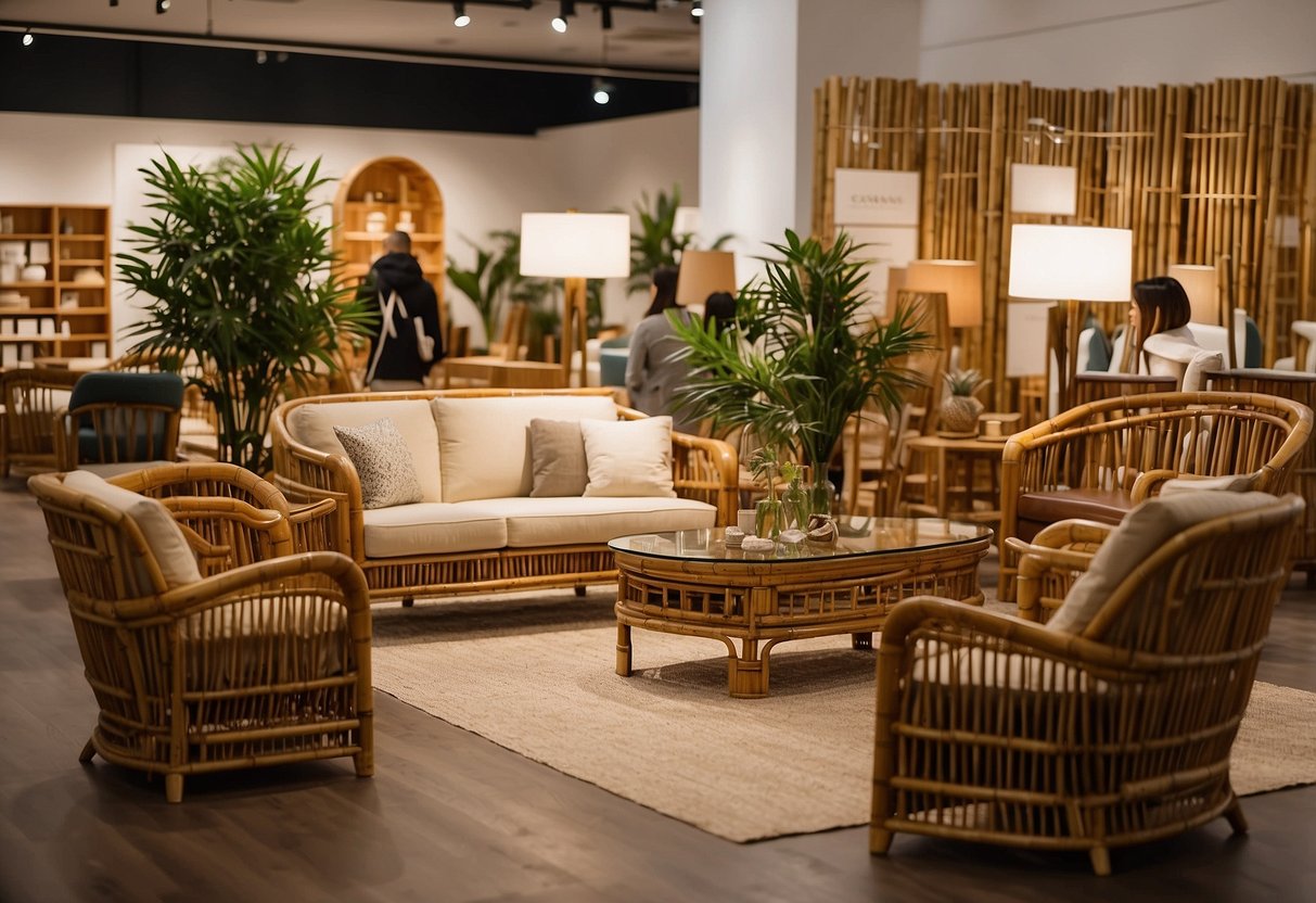 Customers browsing bamboo furniture in a spacious, well-lit store. Various pieces displayed, from chairs to tables, showcasing the natural beauty of the material