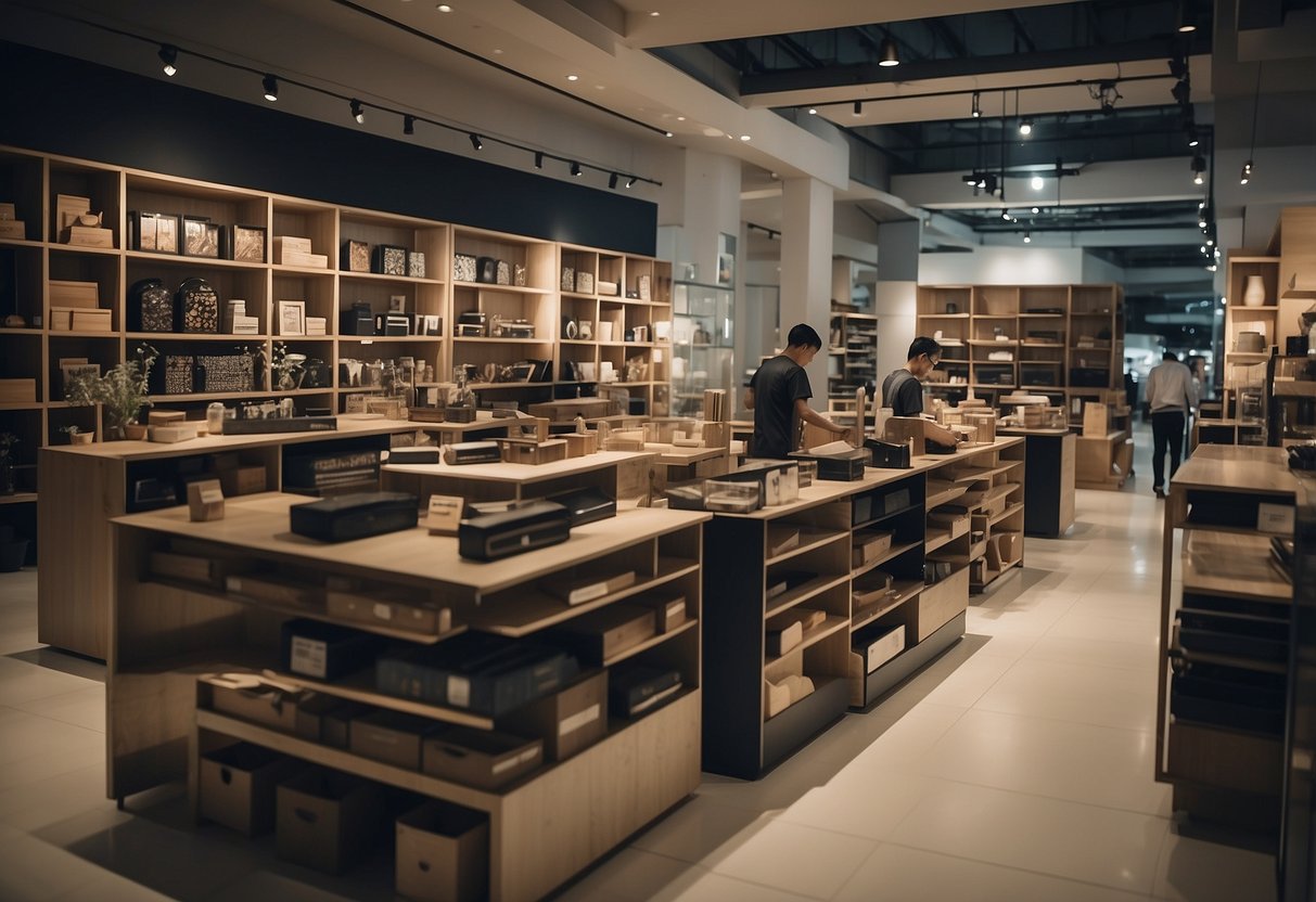 Customers browsing through neatly organized shelves of affordable furniture at a bustling store in Singapore