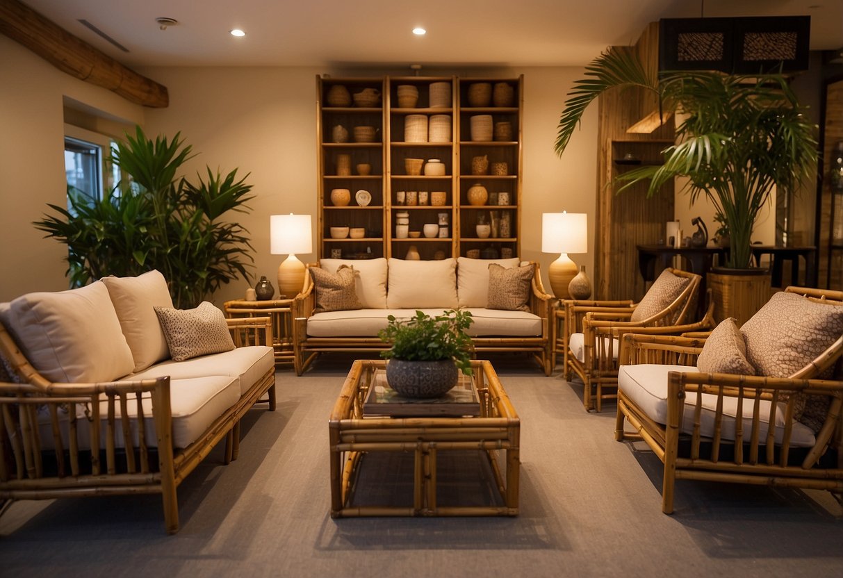 A cozy bamboo furniture store with neatly arranged displays, warm lighting, and a peaceful ambiance. Various bamboo furniture pieces are showcased, from chairs and tables to shelves and decor items