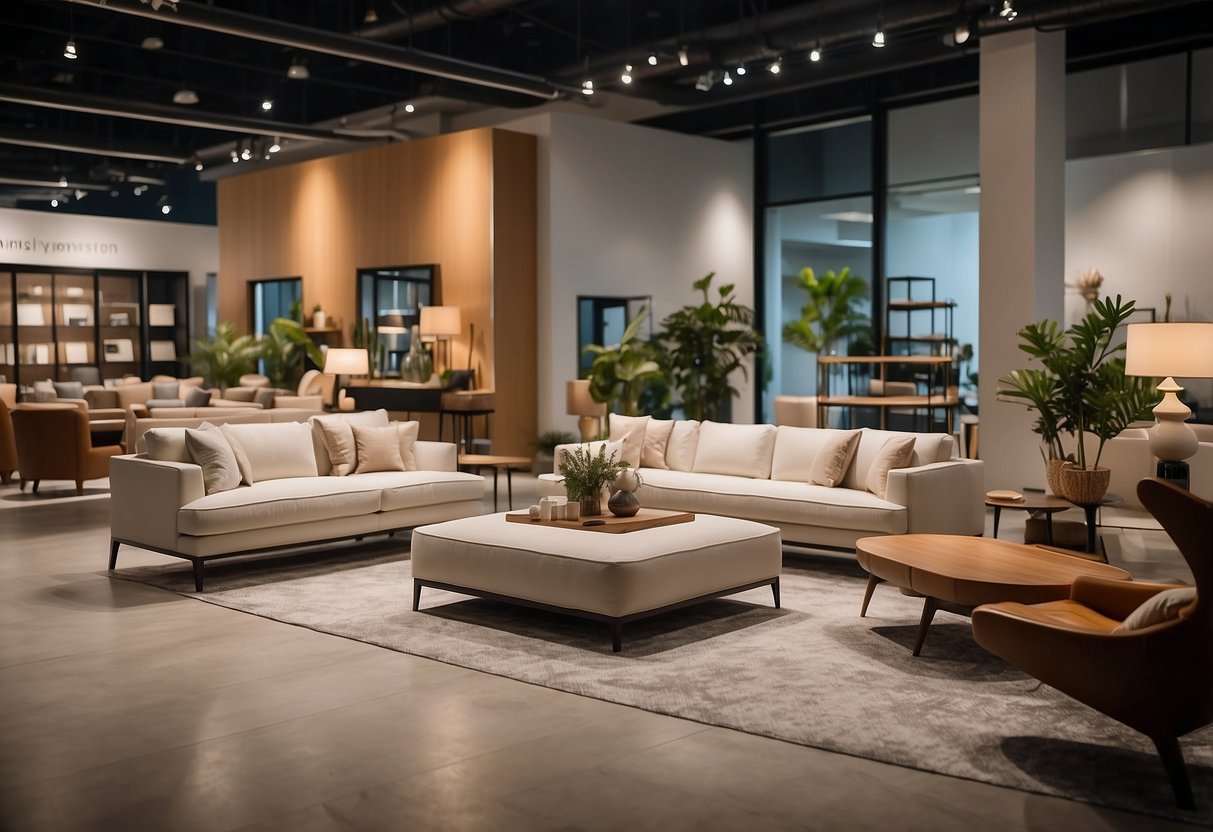 A spacious showroom with modern furniture displays at Furnishing Your Space marina square furniture store. Bright lighting and clean lines create a welcoming atmosphere