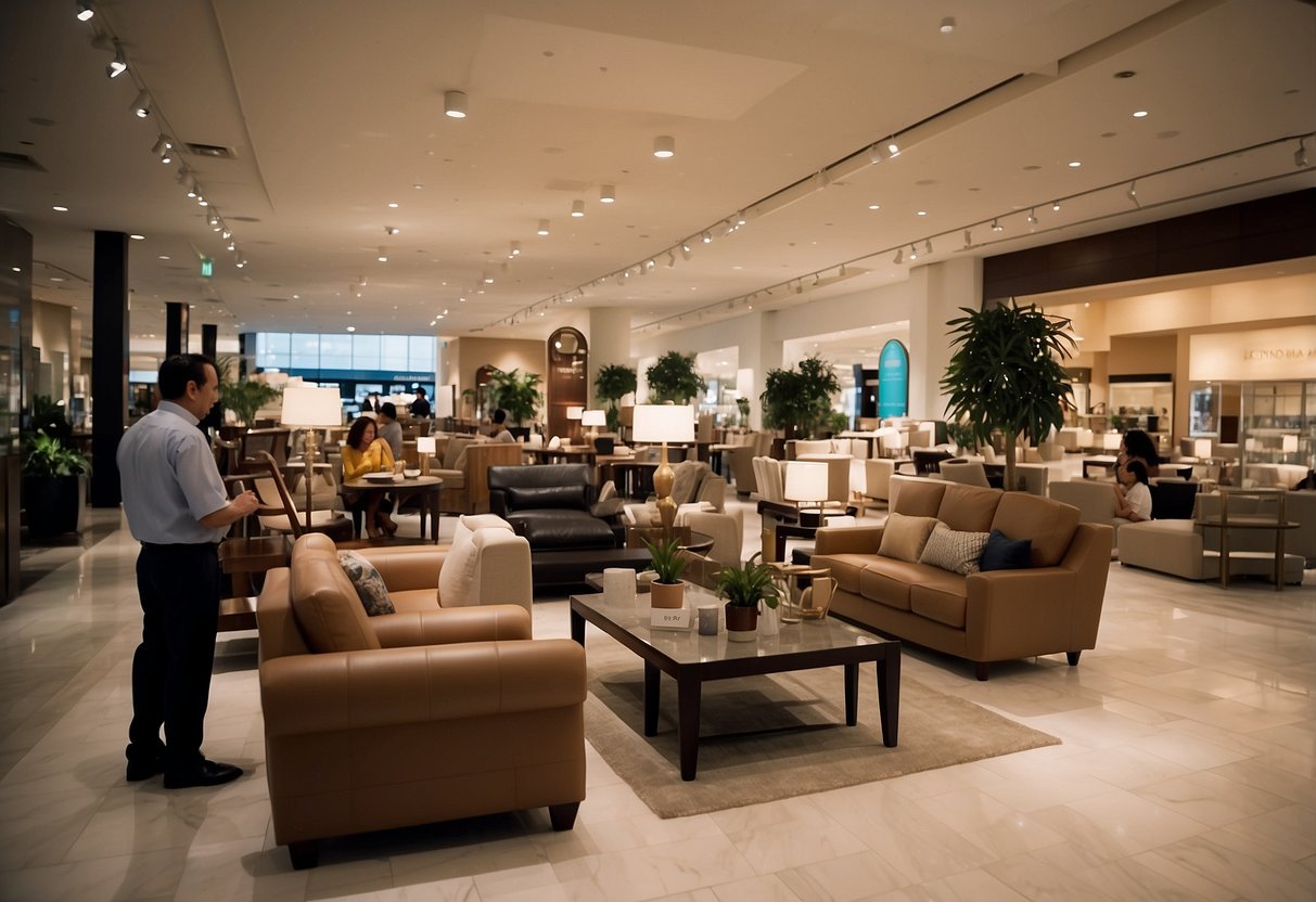 A bustling furniture store at Marina Square, with customers browsing, staff assisting, and a prominent "Frequently Asked Questions" sign