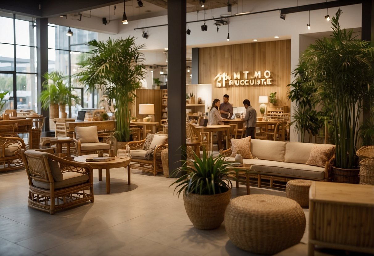 A bustling bamboo furniture store with customers browsing, staff assisting, and a prominent "Frequently Asked Questions" sign displayed