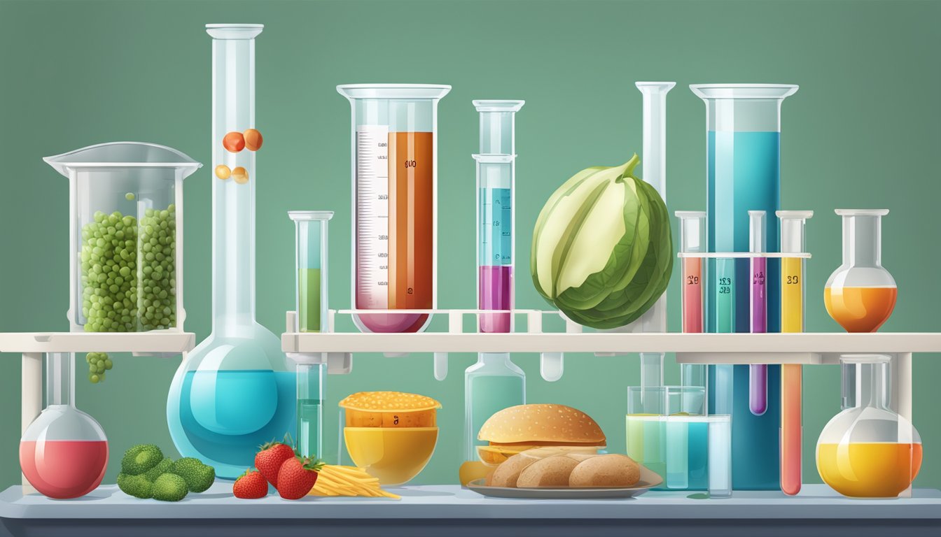 A lab setting with test tubes and beakers, displaying different food groups labeled for AB blood type diet
