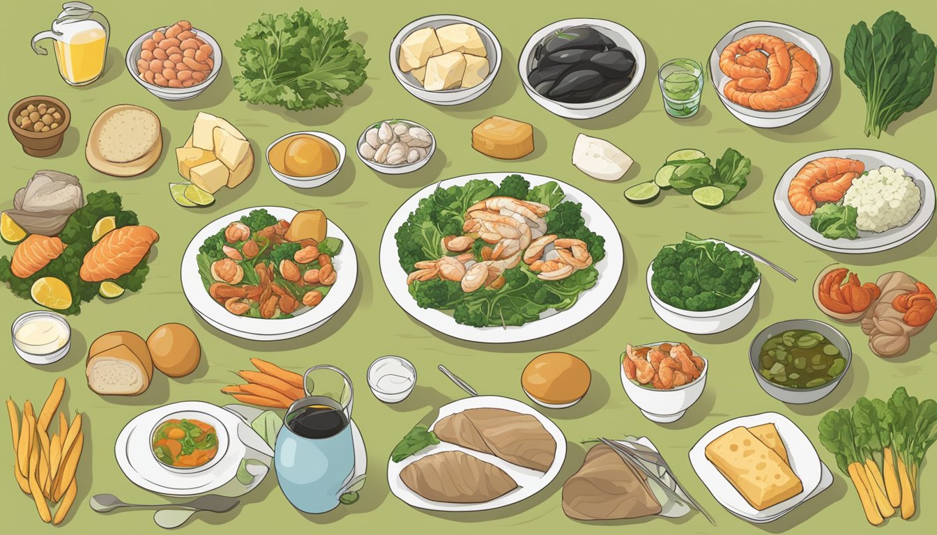 A table with a variety of foods, including seafood, tofu, and leafy greens. A chart displaying recommended and avoidable foods for AB blood type diet