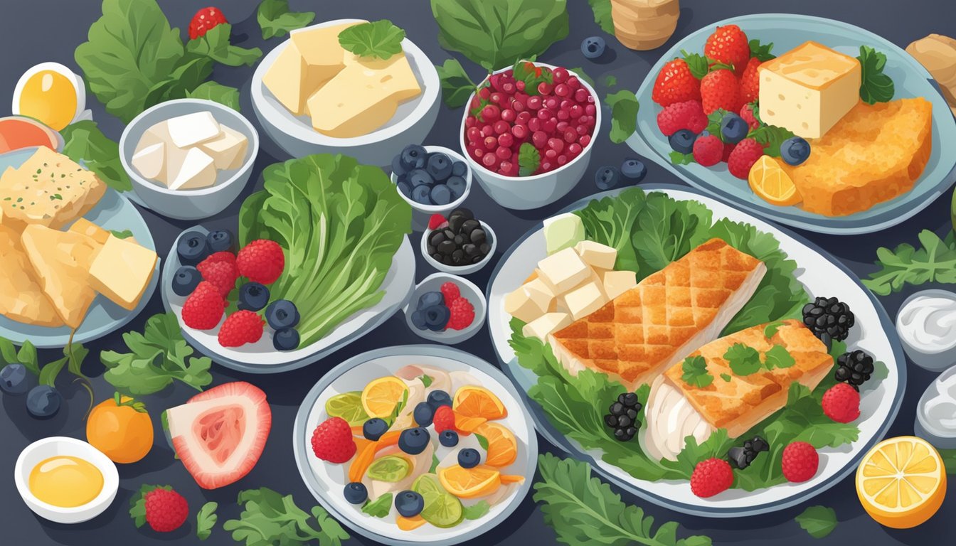 A colorful plate with a variety of foods including fish, tofu, leafy greens, and berries, following the nutritional guidelines for AB blood type diet
