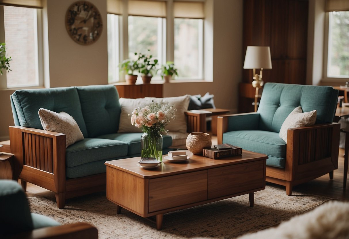 A cozy living room with a vintage McIntosh furniture set, featuring a wooden coffee table, a sideboard, and a pair of armchairs