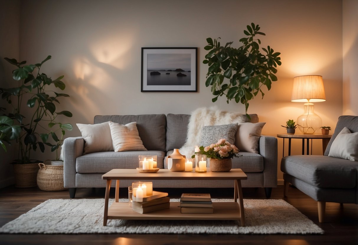 A cozy living room with a plush sofa, a coffee table, and a bookshelf filled with books and decorative items. A soft rug covers the floor, and a warm lamp illuminates the space
