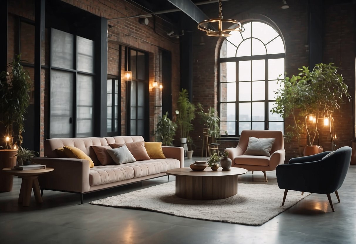 A loft filled with modern furniture on sale. Bright lighting and clean lines. Display tables with decorative accessories