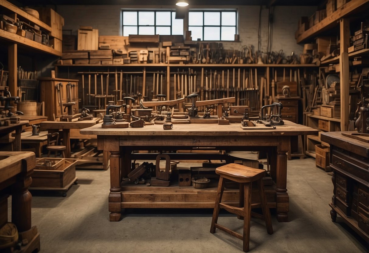 A workshop filled with antique woodworking tools, intricate carvings, and aged wooden furniture showcasing the history and craftsmanship of McIntosh furniture