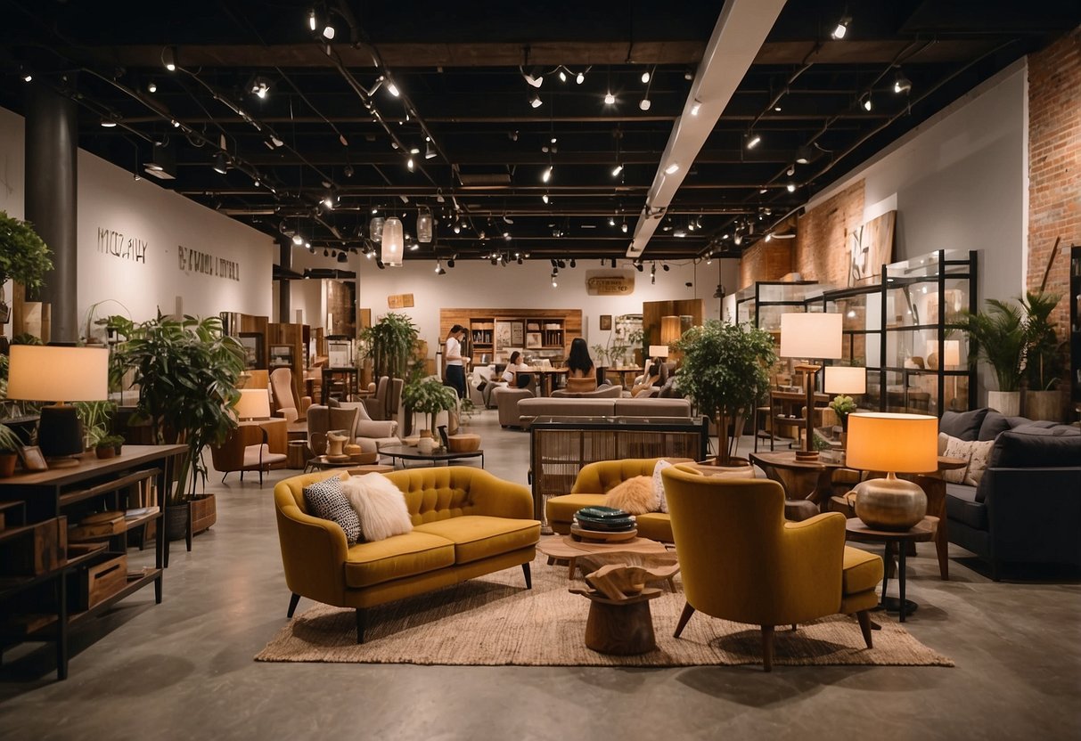 Customers browsing through discounted loft furniture, with bright sale signs and cozy displays. A variety of chairs, tables, and decor items are showcased