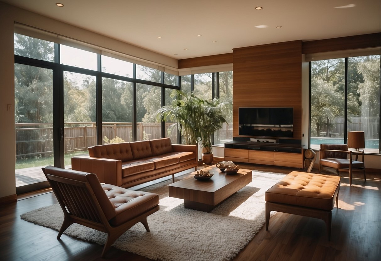 An elegant living room with McIntosh furniture, featuring clean lines, rich wood tones, and iconic mid-century modern design