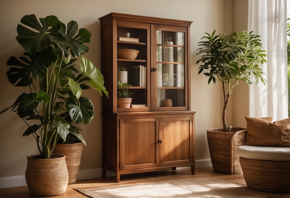 A teak cabinet sits in a sunny room, surrounded by potted plants and a cozy reading nook. The warm wood glows in the natural light, showcasing its timeless beauty