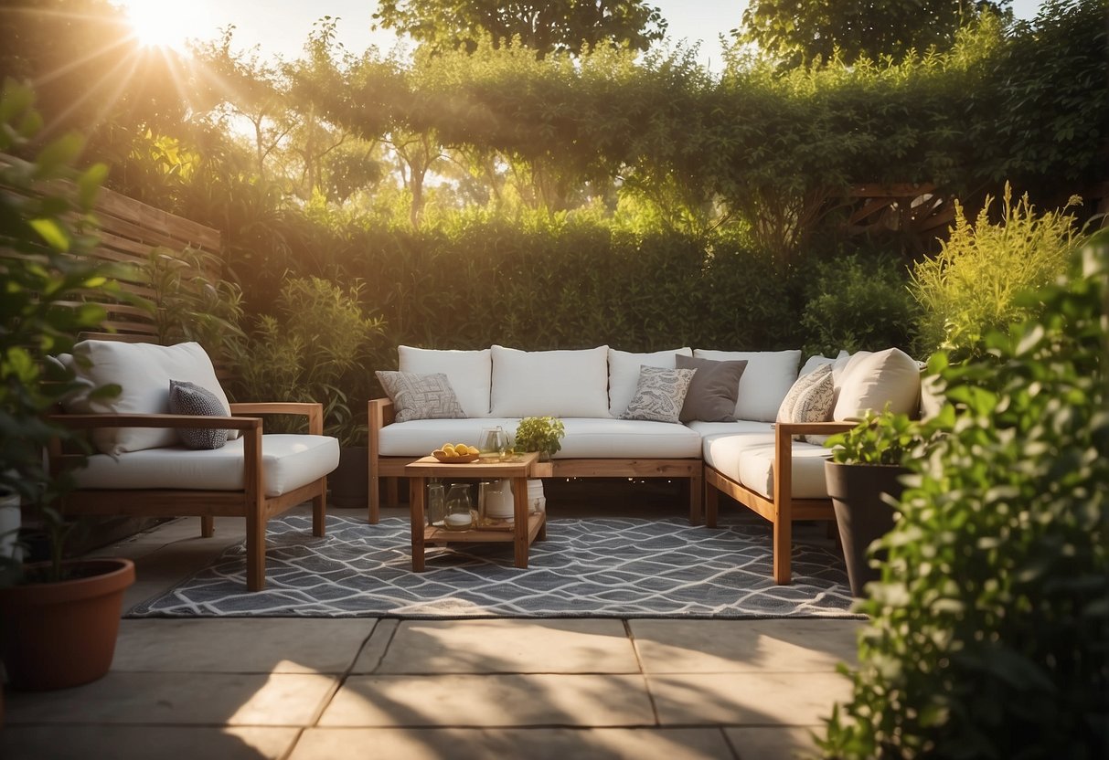 A backyard patio with textilene outdoor furniture, surrounded by lush greenery and bathed in warm sunlight