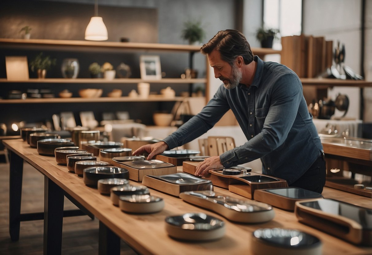 A customer browsing through modern furniture displays at a loft sale, carefully selecting pieces for their space