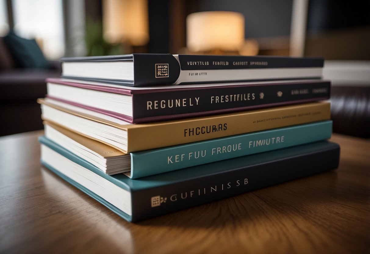 A stack of brochures with "Frequently Asked Questions" about McIntosh furniture, surrounded by various furniture pieces and decor items