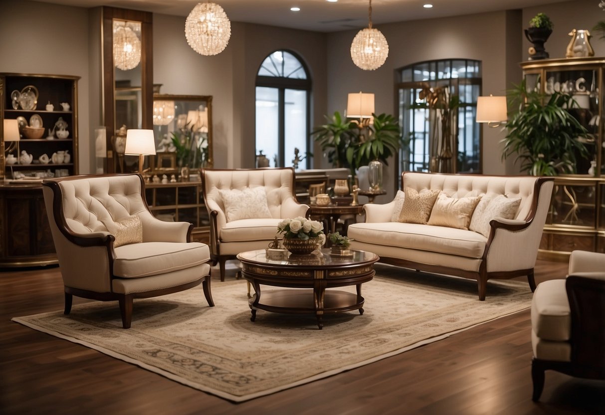A spacious showroom filled with elegant, handcrafted furniture in various styles and finishes. Natural light illuminates the exquisite details of each piece