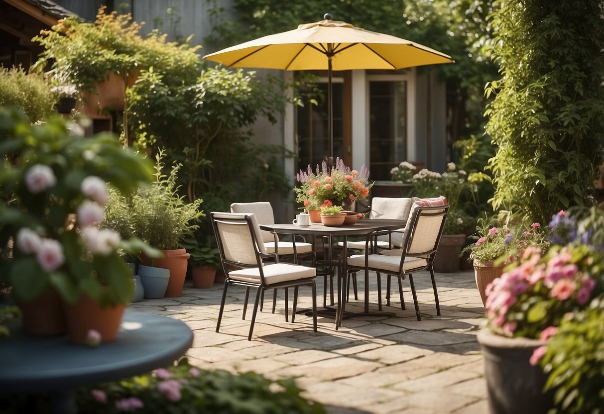 A sunny patio with a textilene outdoor furniture set, featuring a table and chairs, surrounded by lush greenery and colorful flowers