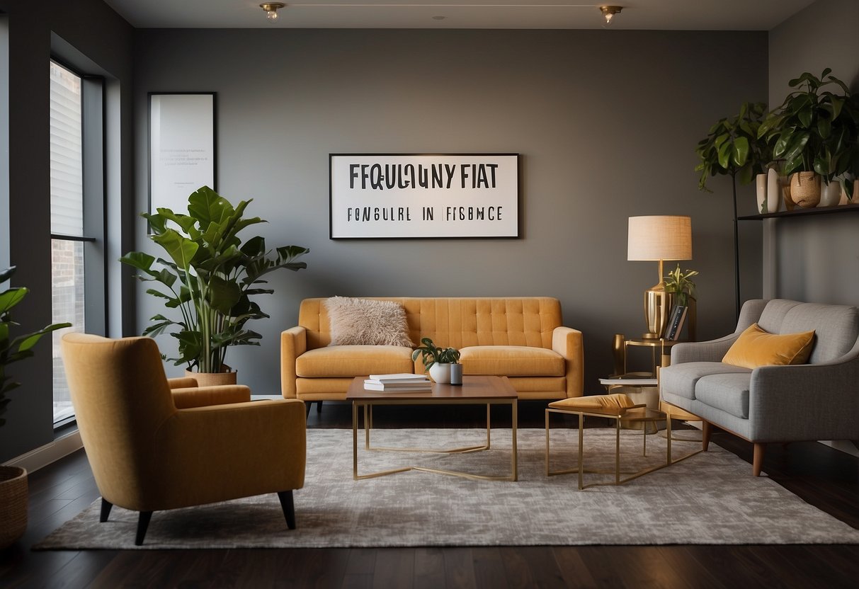 A room with various furniture pieces arranged neatly, with a sign reading "Frequently Asked Questions" displayed prominently