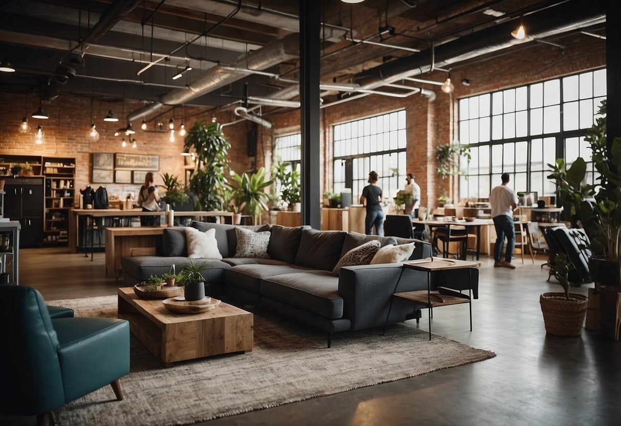 A crowded loft space with modern furniture on sale. Customers browsing, staff assisting. Signs with "Frequently Asked Questions" displayed