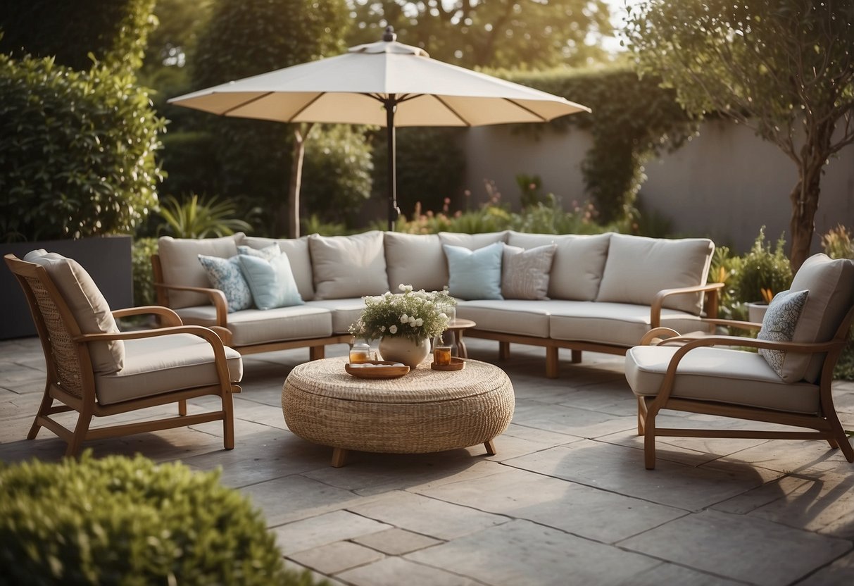 A patio with a variety of textilene outdoor furniture, including chairs, tables, and loungers, arranged in a stylish and inviting manner