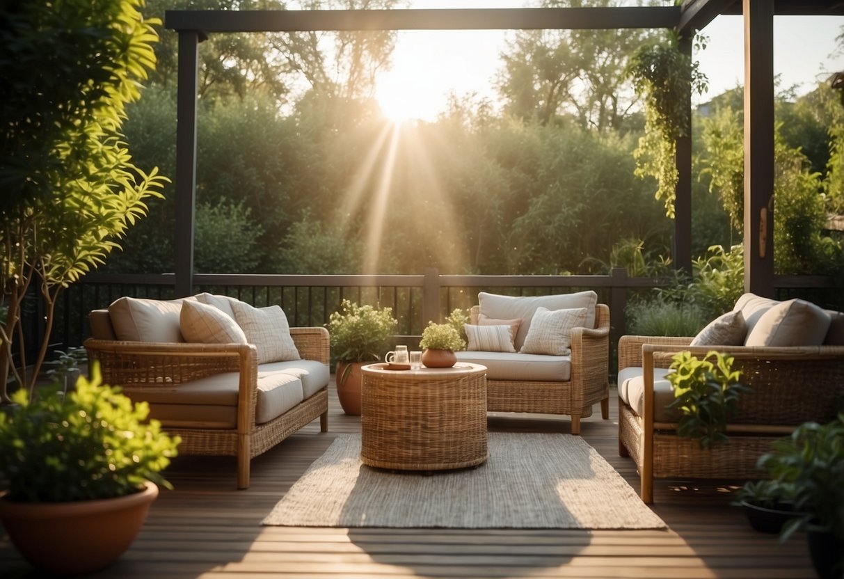 A cozy outdoor setting with textilene furniture, surrounded by greenery and bathed in warm sunlight
