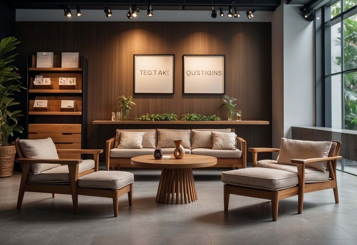 A showroom with neatly arranged teak furniture, signboard with "Frequently Asked Questions" displayed prominently