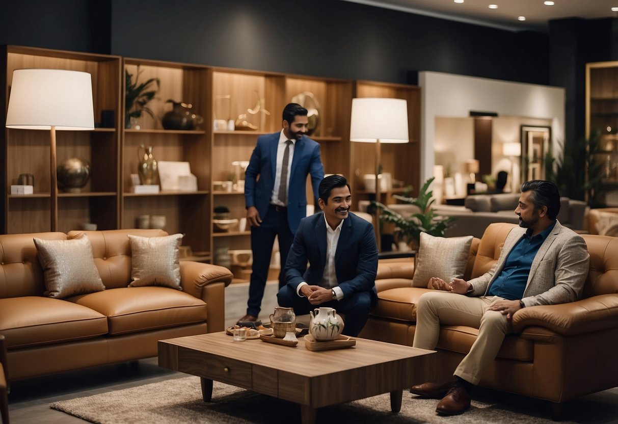 Customers browsing elegant furniture displays at Tagore Furniture store, with friendly staff assisting