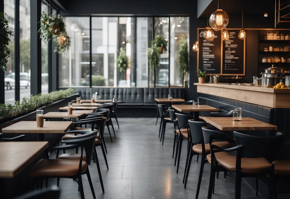 A modern cafe with sleek furniture and a minimalist menu design displayed on the tables