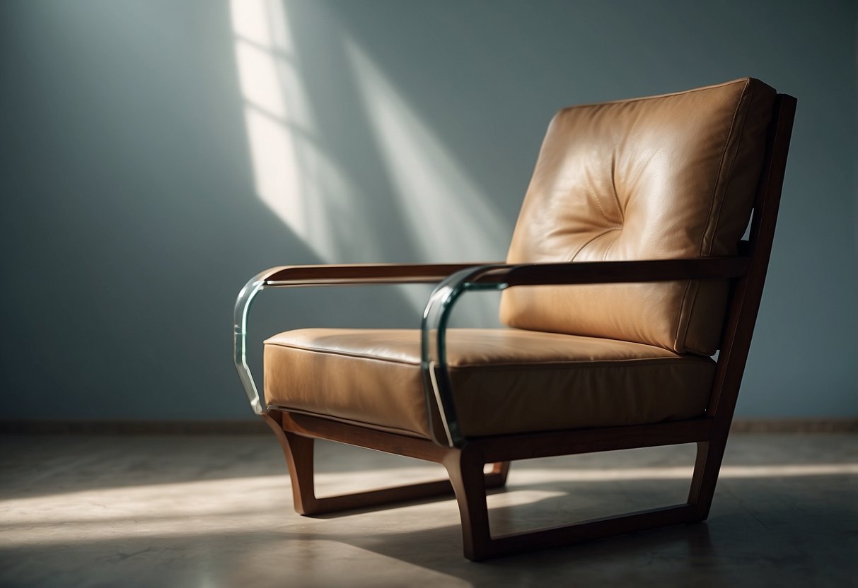 An armless chair with a visible scratch on the armrest. A person is inspecting the damage with a magnifying glass