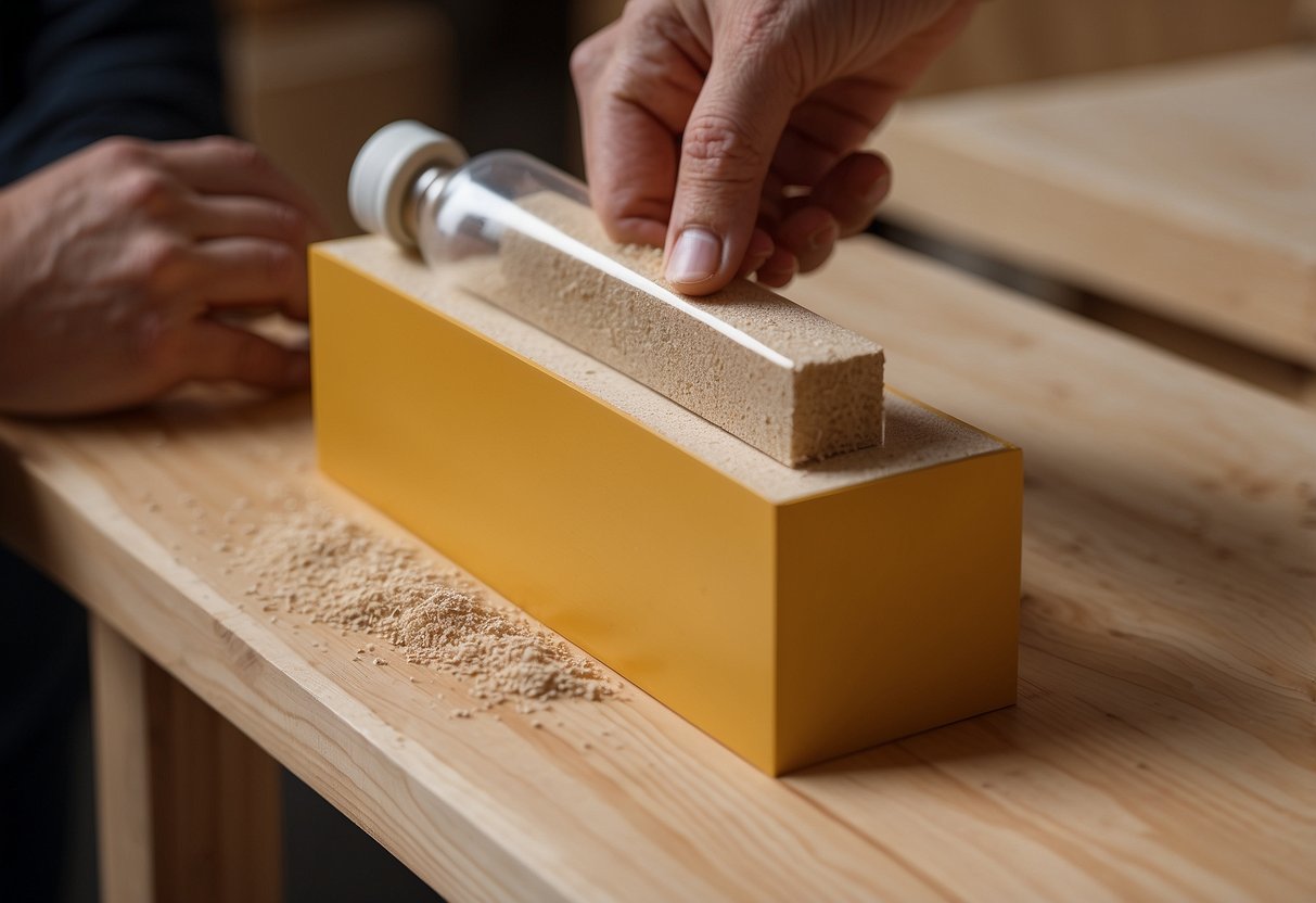 A hand holding a small bottle of wood filler, applying it to a scratch on a wooden IKEA furniture piece. Sandpaper and a cloth are nearby