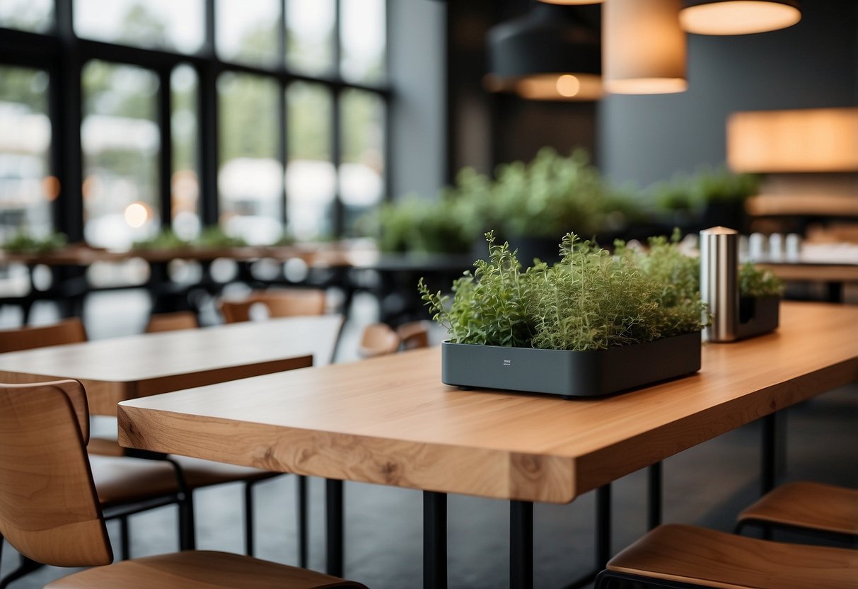 A modern, minimalist menu design featuring sleek lines and natural materials like wood and metal. The furniture is clean and functional, with a focus on simplicity and quality