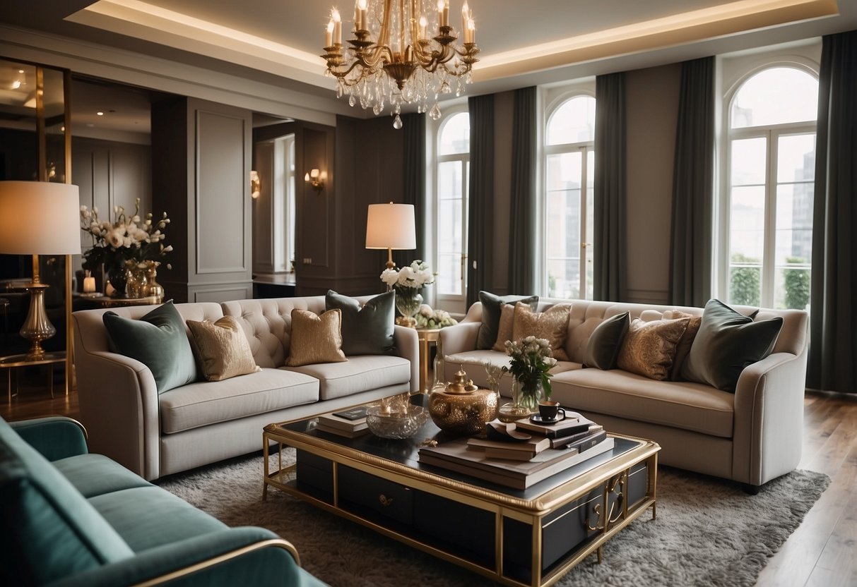 A luxurious living room with plush sofas, ornate coffee tables, and elegant decor. Rich fabrics and warm lighting create a cozy and inviting atmosphere